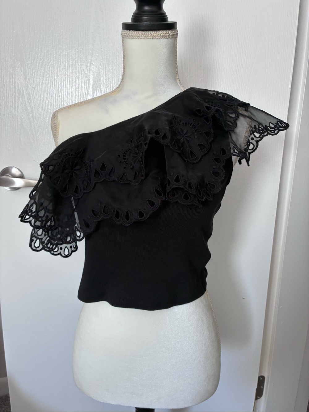 Express Black One-Shoulder Ruffle Crop Top